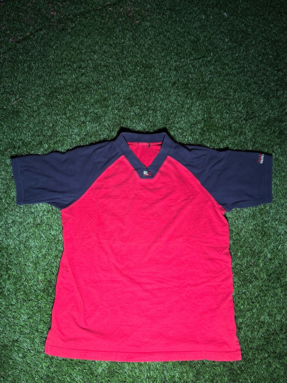 Ralph Lauren Polo Jeans Raglan V-Neck Shirt Men’s Large Red Blue Rare